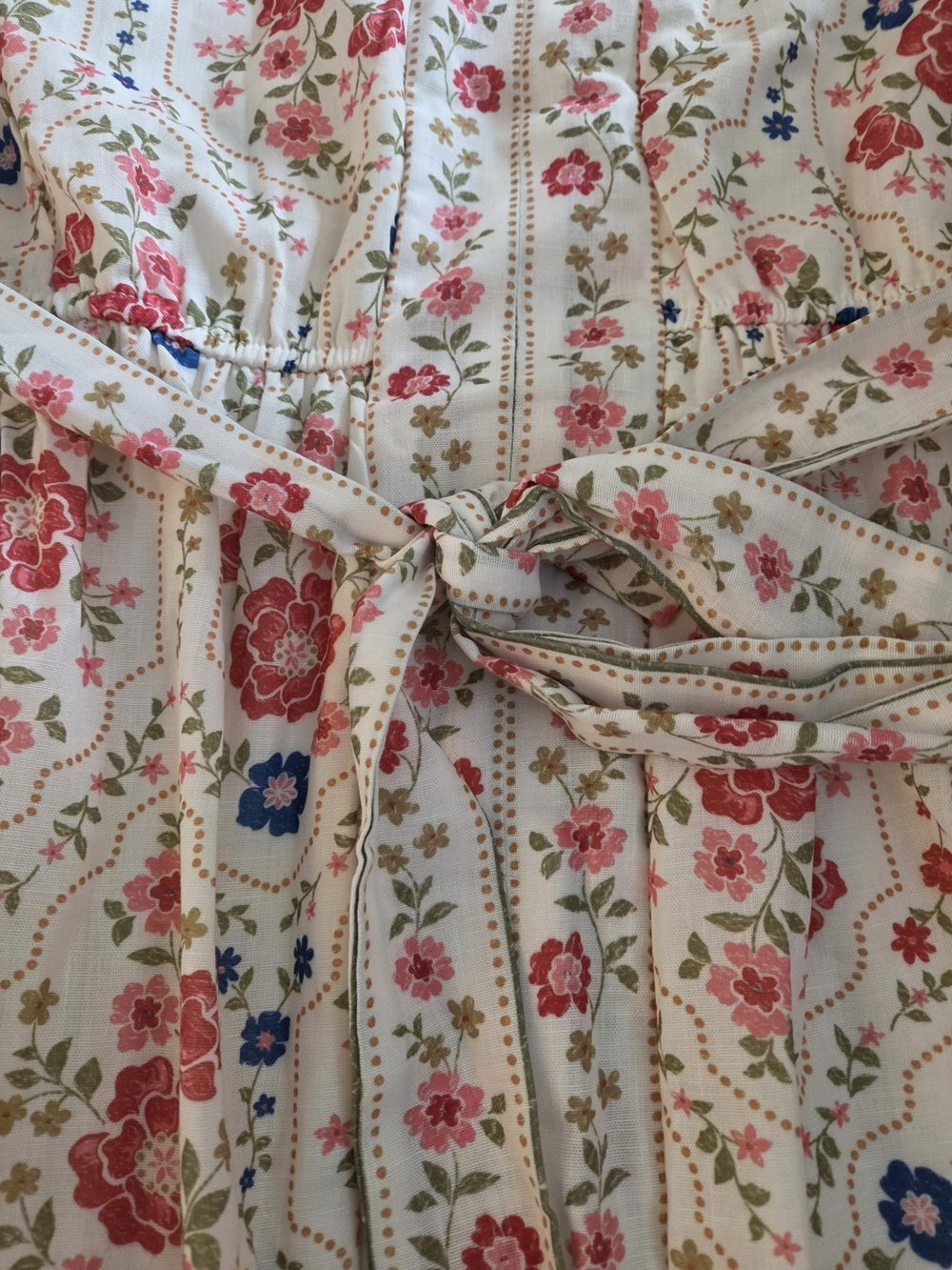 Cream Floral Maxi Dress with Pink & Blue Blooms and Waist Tie - Picture 3 of 6